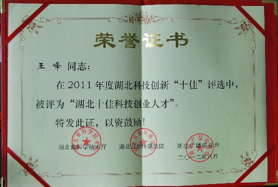 热烈祝贺我公司CEO王锋荣获“湖北十佳科技创业人才”荣...